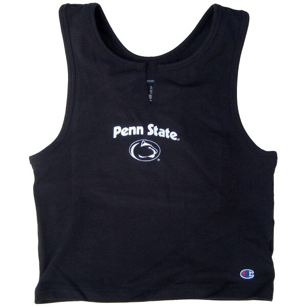 women's navy v-notch cropped tank with white Penn State arched above Athletic Logo